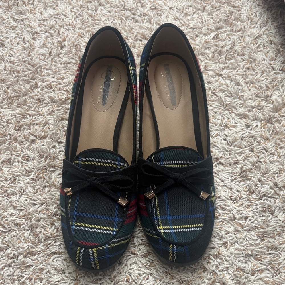 Plaid Women's Loafers with Bow Accent